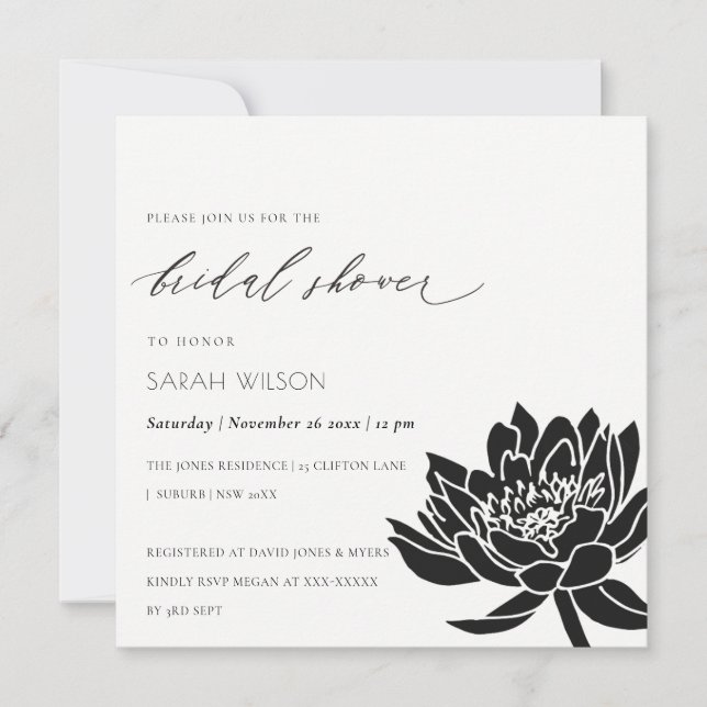 Convite Glam Black and White Lotus Floral Bridal Shower (Frente)