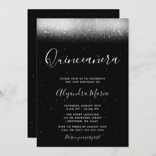 Convite Glam Black and White Quinceañera (Frente/Verso)