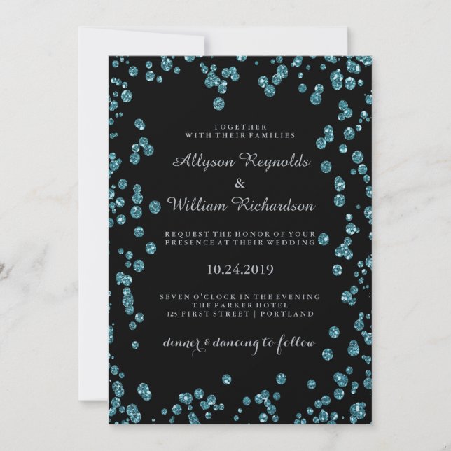 Convite Glam Black com Casamento Turquoise Confetti (Frente)