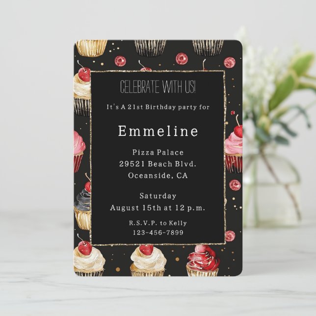 Convite Glam Black Glitter Dourado Glitzy Cupcakes Anivers (Em pé/Frente)