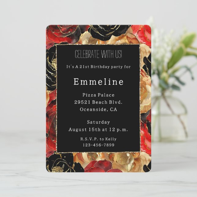 Convite Glam Black Glitter Glitzy Dourado Aniversário Flor (Em pé/Frente)