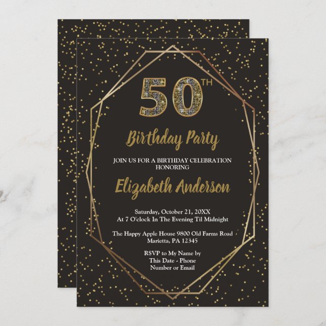 Convite Glam Black Gold 50th Birthday Party (Frente/Verso)