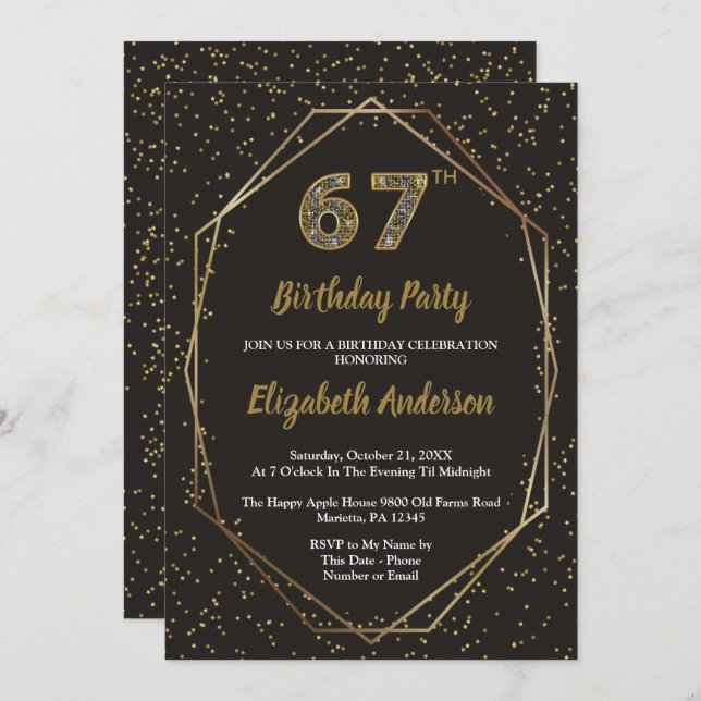 Convite Glam Black Gold 67th Birthday Party (Frente/Verso)