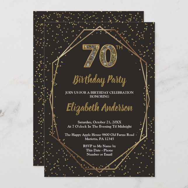 Convite Glam Black Gold 70th Birthday Party (Frente/Verso)