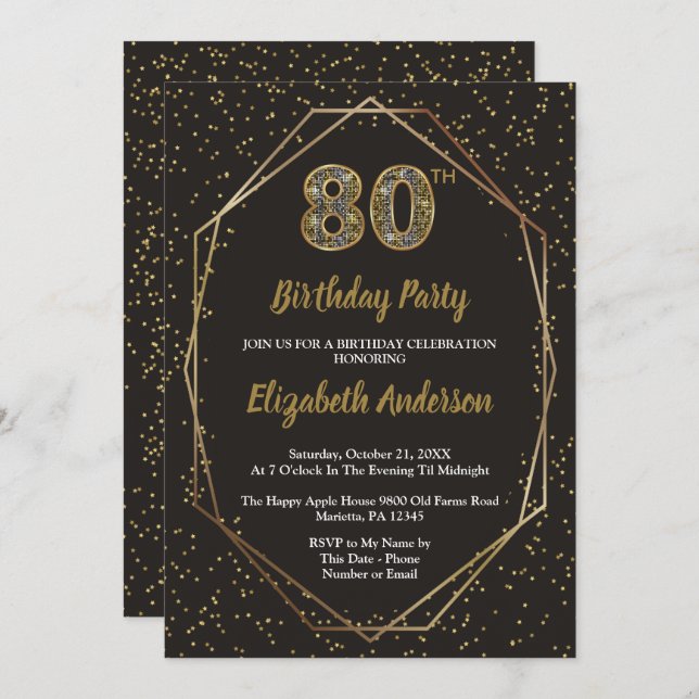 Convite Glam Black Gold 80th Birthday Party (Frente/Verso)