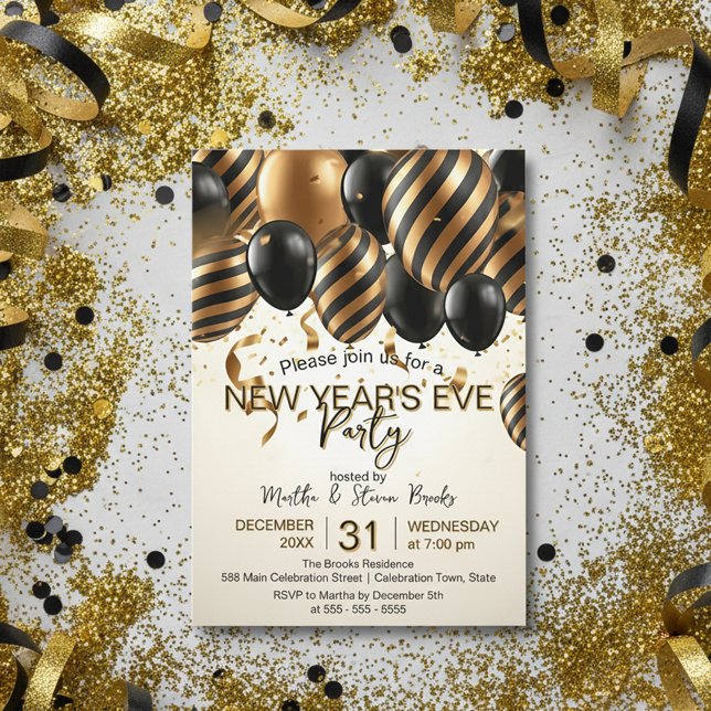 Convite Glam Black Gold Balloons New Year's Eve Party (Criador carregado)