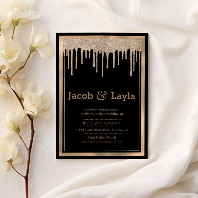 Convite Glam Black rosa dourado glitter goteja fronteira c (Glam black rose gold glitter drips border wedding)