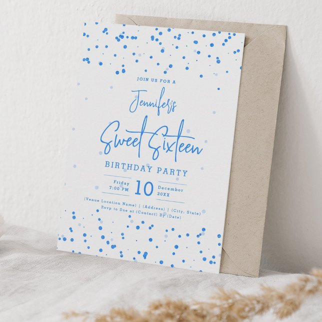 Convite Glam Blue Faux Foil Pontos Sweet 16 Party (Glam Blue Faux Foil Dots Sweet 16 Party Invitation)