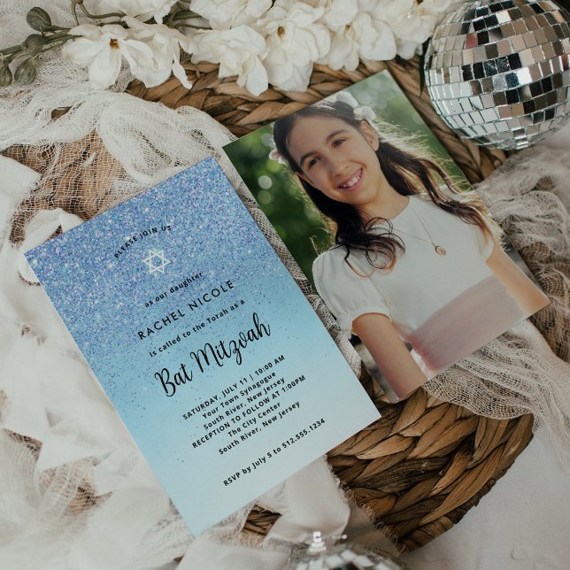 Convite Glam Blue Glitter Olha Bat Mitzvah | Remoção de fo (Criador carregado)