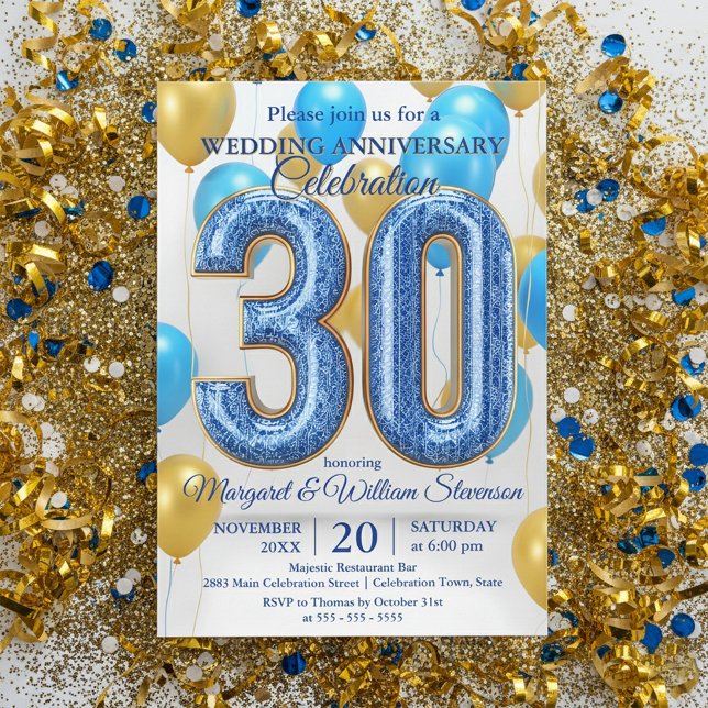 Convite Glam Blue Gold Balloons 30th Wedding Anniversary  (Criador carregado)