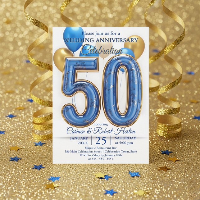 Convite Glam Blue Gold Balloons 50th Wedding Anniversary  (Criador carregado)