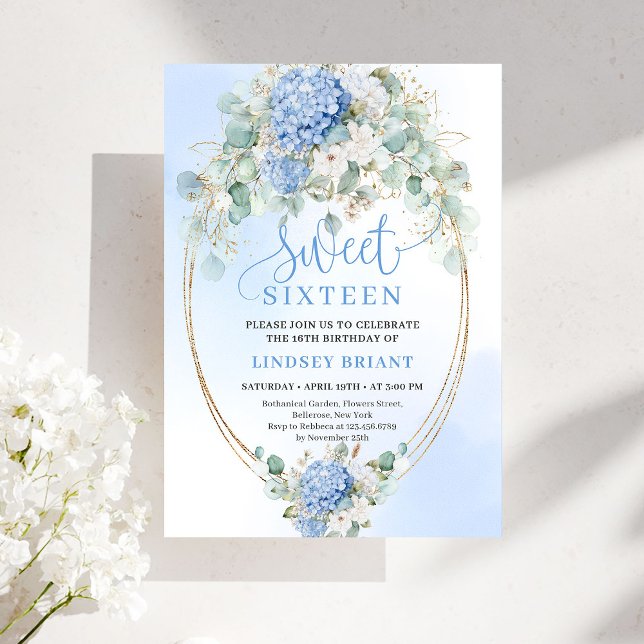 Convite Glam Blue Hydrangeas Gold Sweet Sixteen Invite (Glam Blue Hydrangeas Gold Sweet Sixteen Invite)