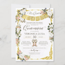 Convite Glam Blush, Branco com Quinceñera Inv Floral Doura