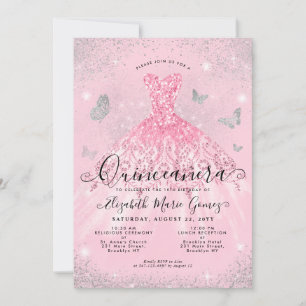 Convite Glam Blush Pink Silver Glitter Quinceanera