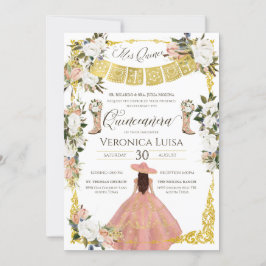 Convite Glam Blush White Dourado Charro Floral Quinceañera