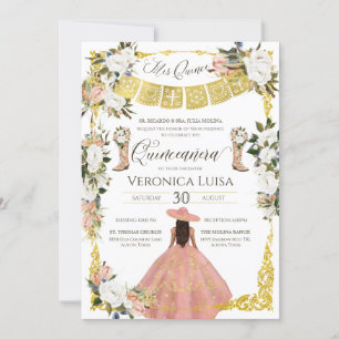 Convite Glam Blush White Dourado Charro Floral Quinceañera