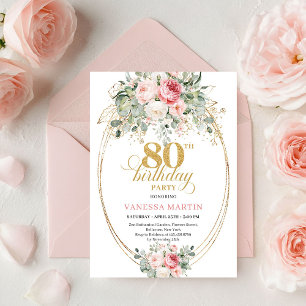 Convite Glam Boêmio Rosa Floral Dourado Aniversário de 80 
