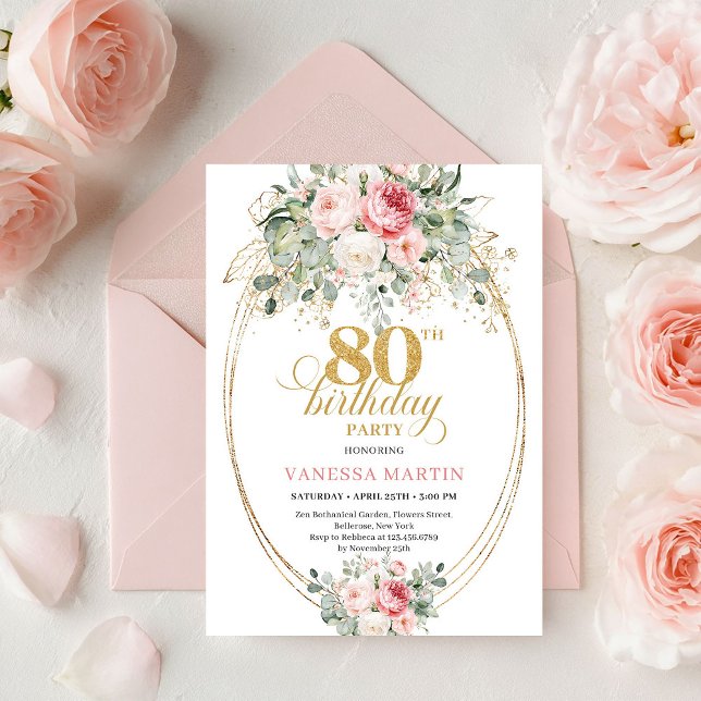 Convite Glam Bohemian Blush Floral Gold 80th Birthday (Glam Bohemian Blush Floral Gold 80th Birthday Invite)