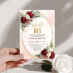 Convite Glam Boho Borgonha Dourado Floral Sweet Sixteen 16