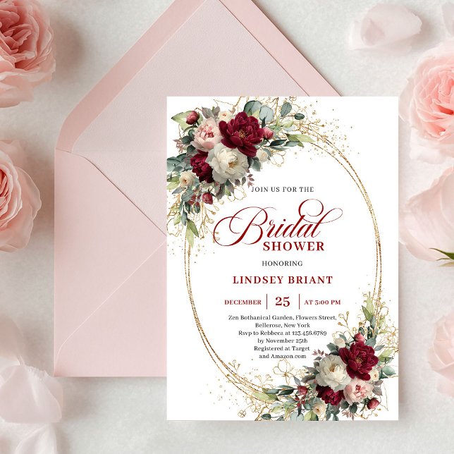 Convite Glam Boho Borgonha Rosa Floral Dourado Chuveiro de (Glam Burgundy Blush Floral Gold Bridal Shower Invitation)