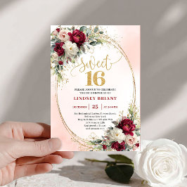 Convite Glam Boho Merlot Gold Floral 16th Birthday Invites