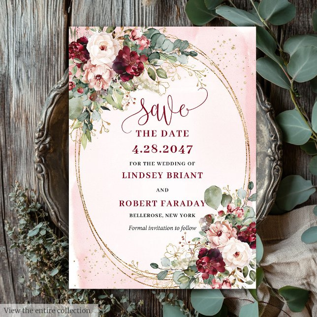 Convite Glam Boho Vermelho Escuro Rosado Flores Salve Data (Glam Boho Deep Red Blush Gold Flowers Save Date)