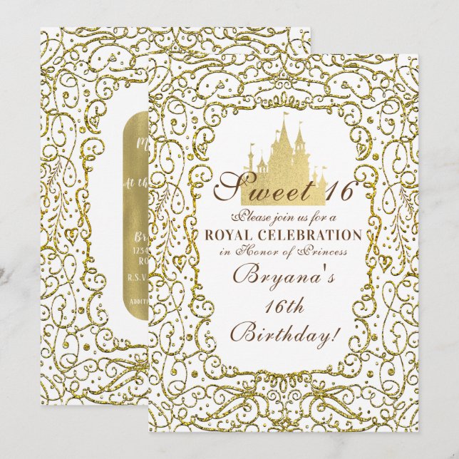 Convite Glam Branco & Ouro Royal Castle Princesa Sweet 16 (Frente/Verso)