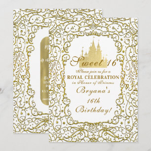 Convite Glam Branco & Ouro Royal Castle Princesa Sweet 16
