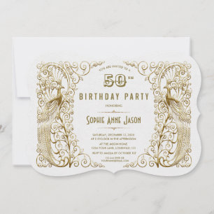 Convite Glam Branco Pavões Art Deco 50º Aniversário