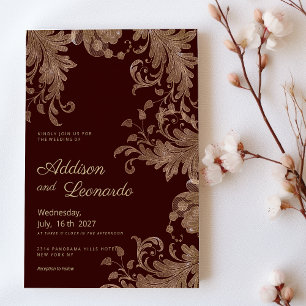 Convite Glam burgundy gold floral luxúria floral Casamento