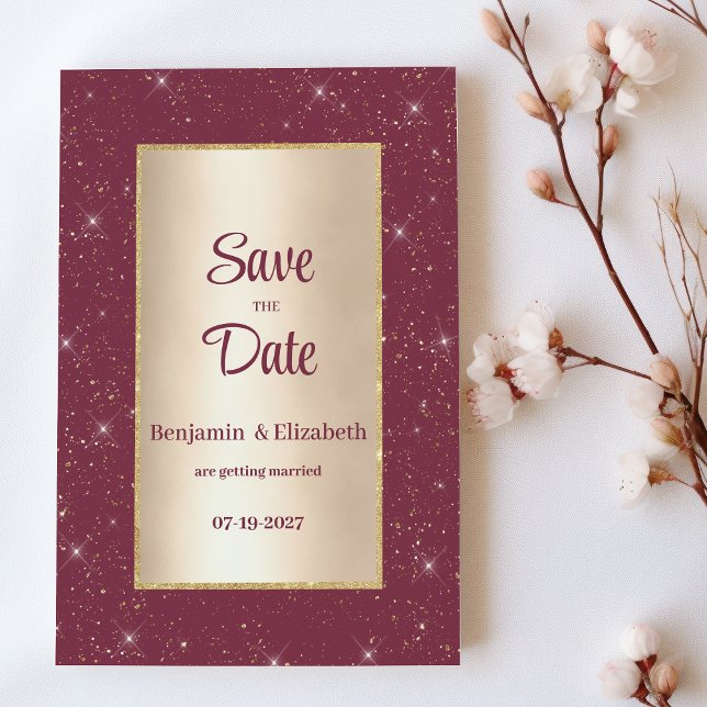 Convite Glam burgundy gold glitter confetti Salvar a Data (Glam burgundy gold glitter confetti Save the Date)