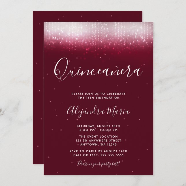 Convite Glam Burgundy Quinceañera (Frente/Verso)
