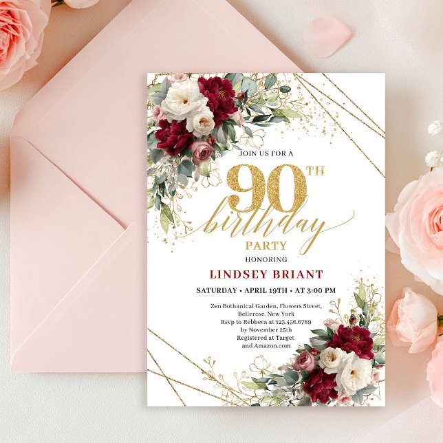 Convite Glam Burgundy White Rose Gold 90th Birthday Invite (Glam Burgundy White Rose Gold 90th Birthday Invitation)