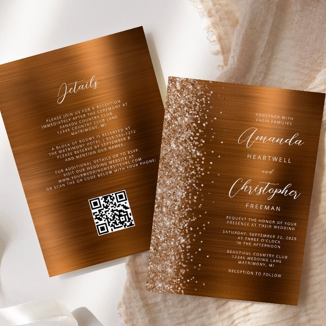 Convite Glam Burnt Orange Brushed Metal QR Code Wedding (Criador carregado)