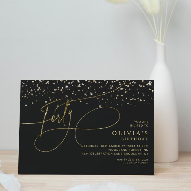 Convite Glam Calliographic Black Dourada Confetti aniversá (Criador carregado)