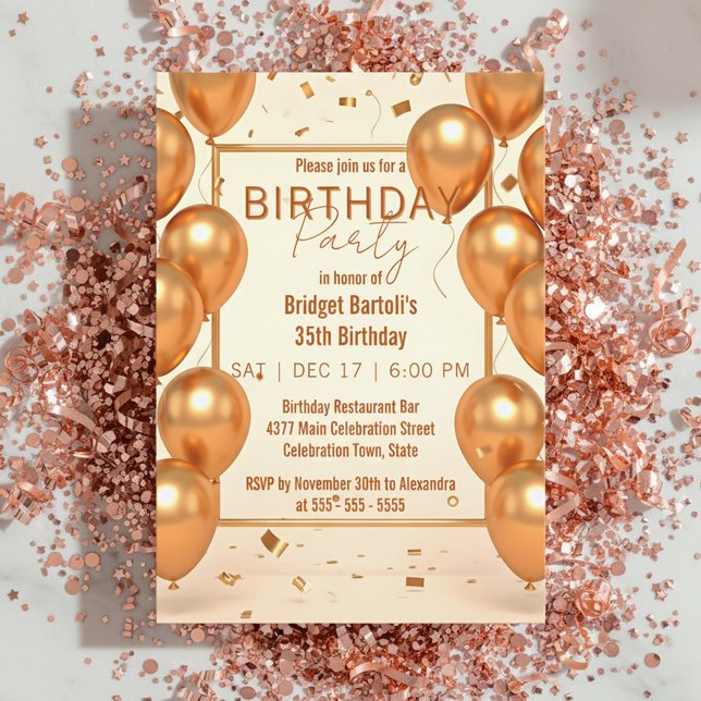Convite Glam Champagne Gold Balloons and Confetti Birthday (Criador carregado)