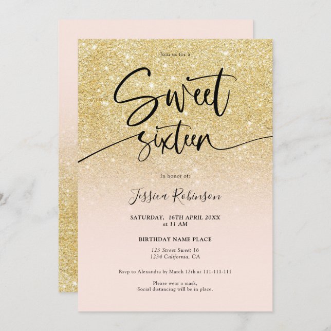 Convite Glam chic gold glitter ombrely pink Sweet 16 (Frente/Verso)