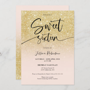 Convite Glam chic gold glitter ombrely pink Sweet 16