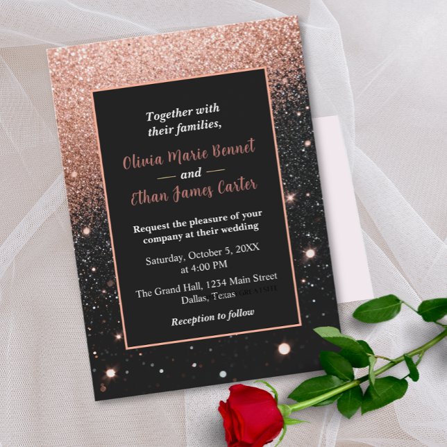 Convite glam chic rose gold Glitter gold frame wedding (Criador carregado)