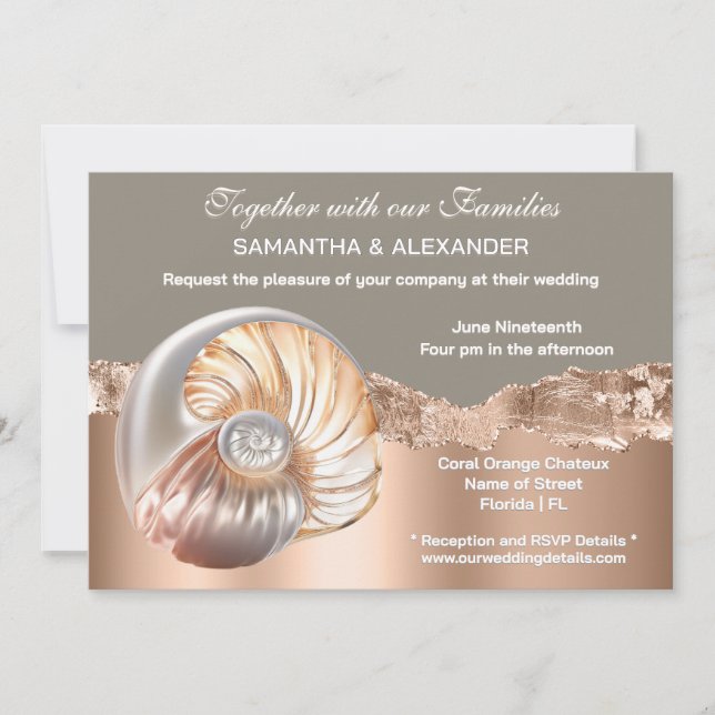 Convite Glam Coastal Shell Beach Wedding Invitation (Frente)