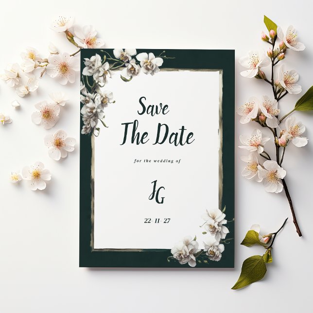Convite Glam dark green gold white orchid Save The Date (Glam dark green gold white orchid Save The Date)