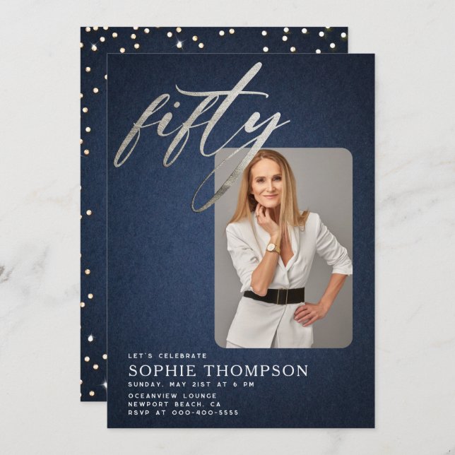 Convite Glam Denim Diamantes Azuis Branco 50º Aniversário  (Frente/Verso)