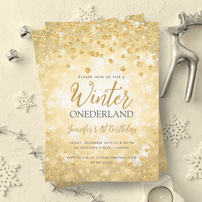 Convite Glam Dourada Winter ONEDERLAND primeiro aniversari (Glam Gold Winter ONEDERLAND 1st Birthday Invitation)