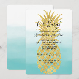 Convite Glam Dourado Abacaxi Aqua Watercolor Ombre