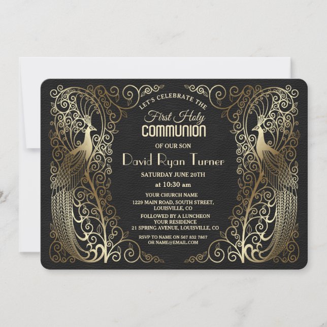 Convite Glam Dourado Art Deco Peacocks Primeira Comunhão S (Frente)