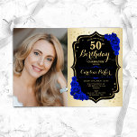 Convite Glam Dourado Black Royal Blue 50th Foto Aniversári<br><div class="desc">Elegante convite floral feminino para o 50º aniversário com sua foto. Design com ouro falso. Apresenta rosas azuis reais, fonte de script e confetti. Perfeito para uma festa de comemoração de na moda adulto. Personalize com seus próprios detalhes. Pode ser personalizado para qualquer idade! Impressos convites Zazzle ou modelo de...</div>
