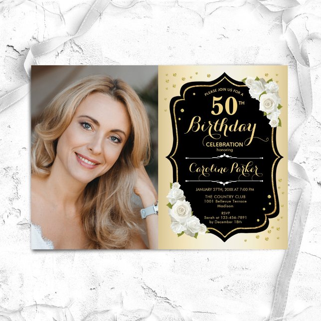 Convite Glam Dourado Black White 50th Photo Birthday (Criador carregado)