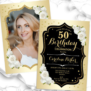 Convite Glam Dourado Black White Photo 50th Birthday