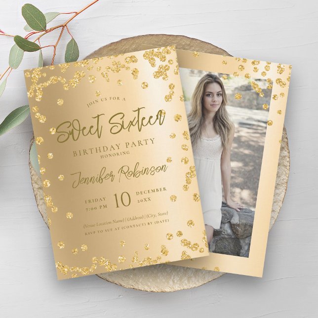 Convite Glam Dourado Chic Glitter Foto Sweet 16 (Glam Gold Chic Glitter Photo Sweet 16 Invitation)