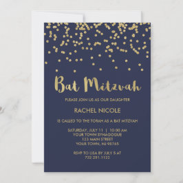 Convite Glam Dourado Confetti Bat Mitzvah no Azul Meia-Noi